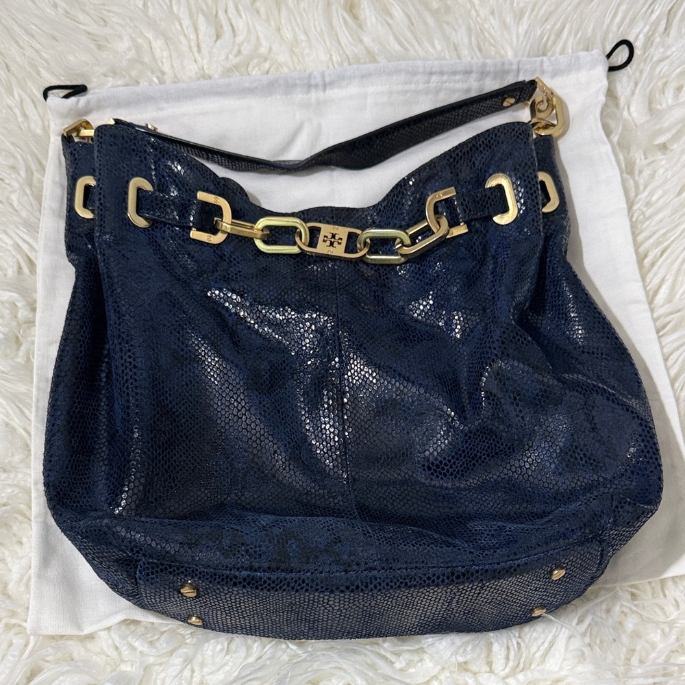 Tory Burch Python Embossed Leather Navy Hobo Hand… - image 2